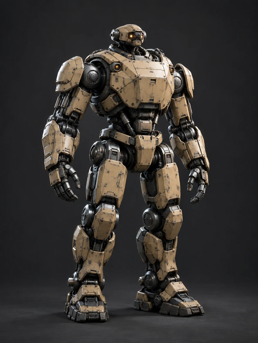 Atlas: Heavy industrial robot, sand-colored armor, gunmetal hydraulics and warm inspection optics.