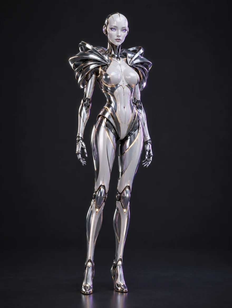 Aura: Pearlescent feminine android with silver facial panels and a sculptural chrome shoulder mantle.
