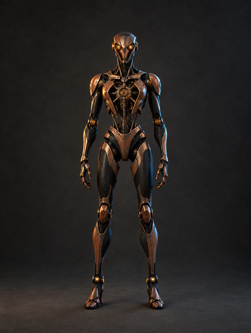 Cinder: Aged copper biomechanical automaton with black ceramic panels, amber joints and genuine patina.