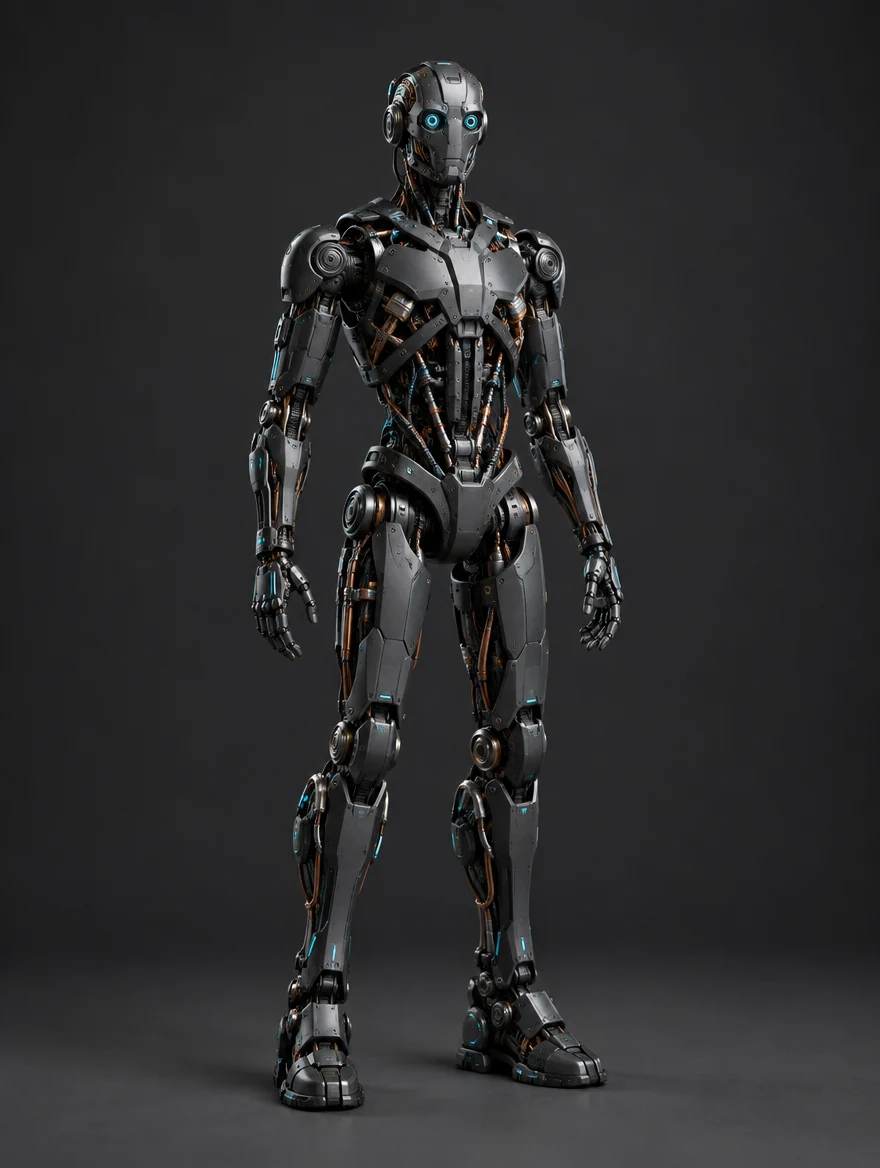Circuit: Graphite mechanical engineer android with neatly routed copper circuitry and cyan optical eyes.