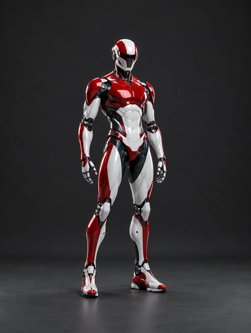 Flux: Athletic racing android with crimson and white aerodynamic armor and precise carbon fiber joints.