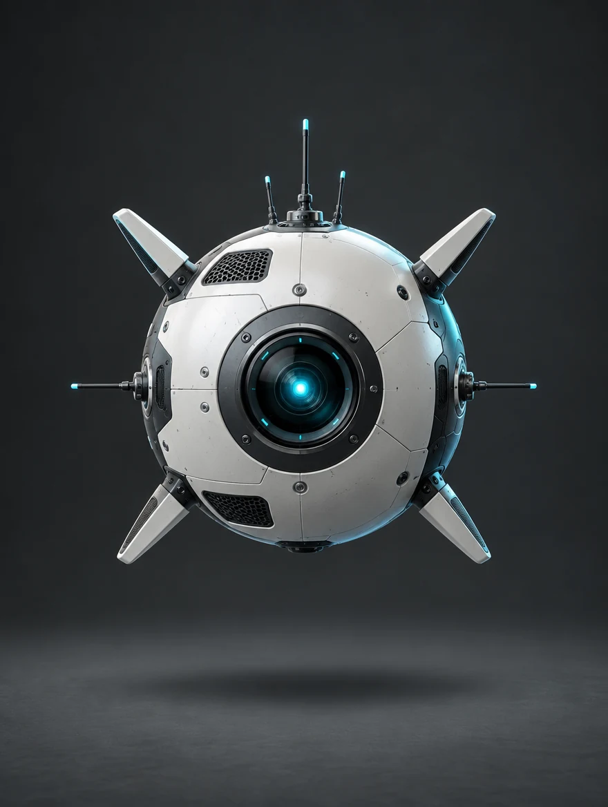 Ghost: Pearl-white spherical AI drone with a cyan lens, four short stabilizer fins and tiny antennae.