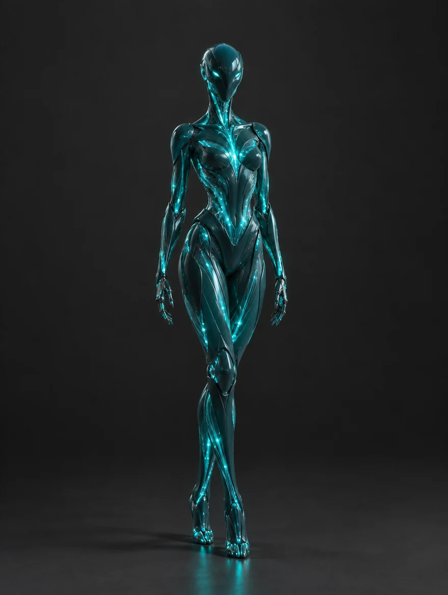 Luma: Translucent dark teal synthetic humanoid with luminous turquoise fiber optics beneath ceramic surfaces.