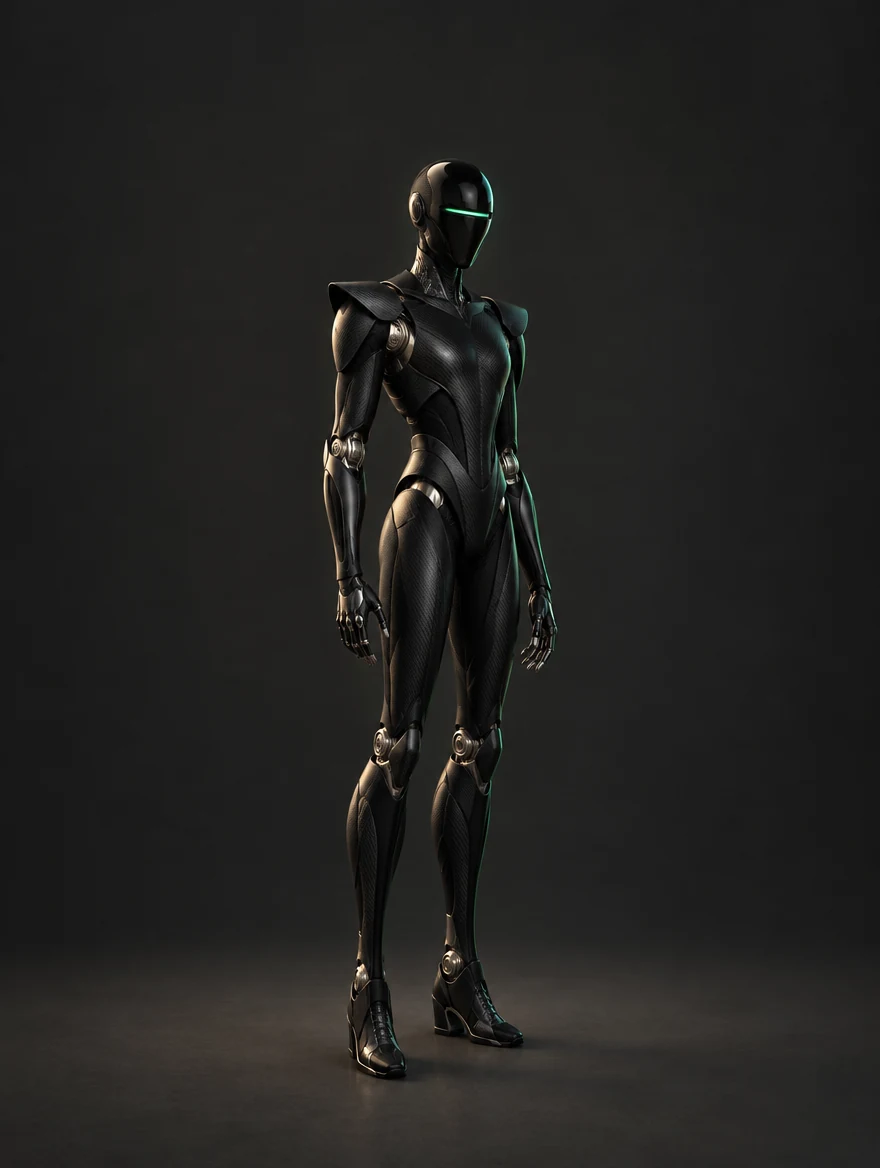 Onyx: Slender carbon fiber sentinel with a black ceramic mask and restrained emerald optical light.