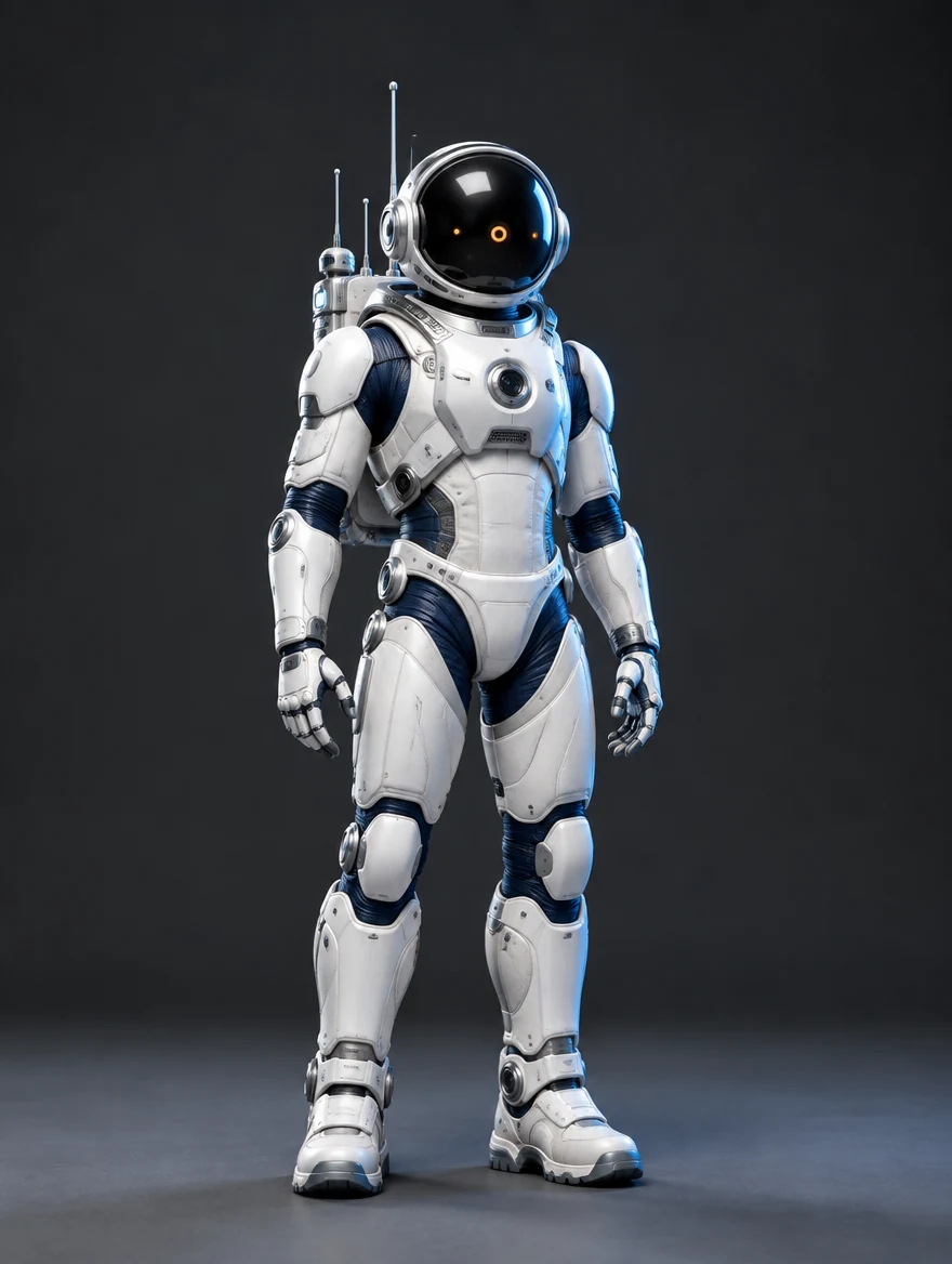 Orbit: White and navy astronaut-style robot with a dark spherical visor and compact exploration backpack.