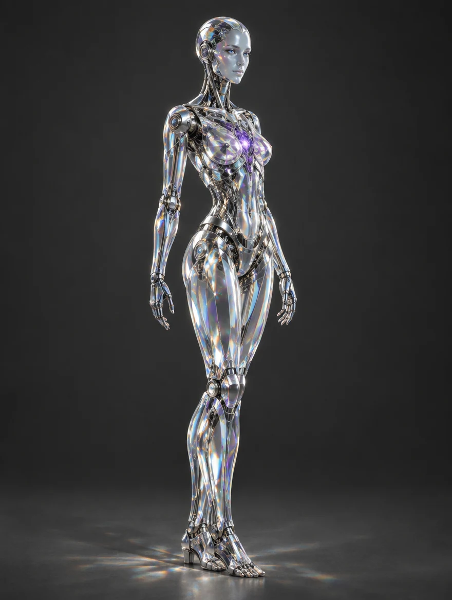 Prism: Optical-glass android with a visible silver skeleton, violet core and iridescent refractions.