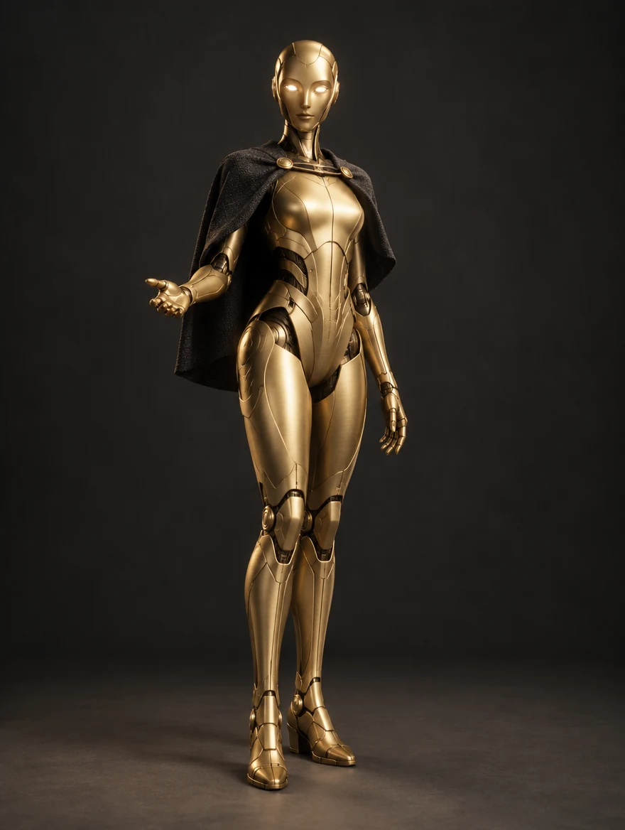 Sol: Champagne-gold automaton, segmented armor, welcoming pose and a short dark textile cape.