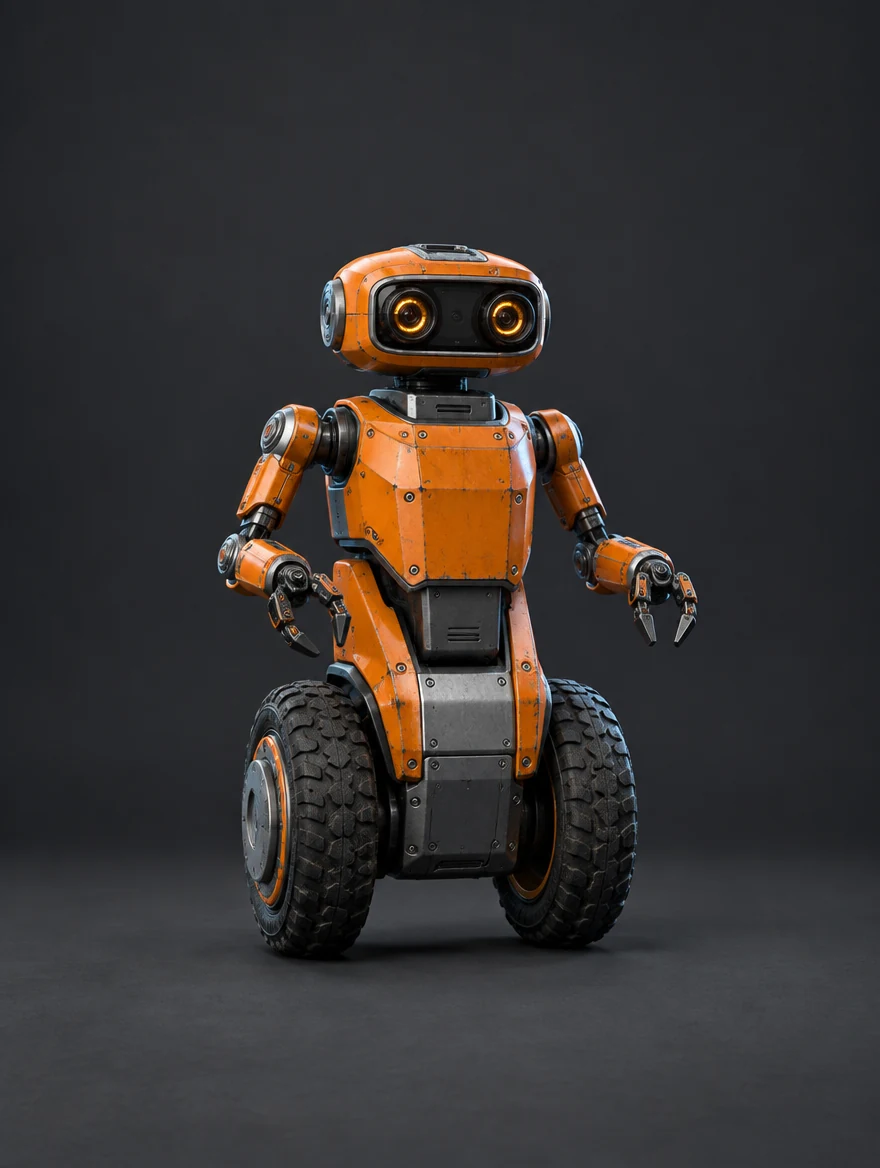 Volt: Orange enamel autonomous rover with two rugged wheels, small precise arms and amber optics.