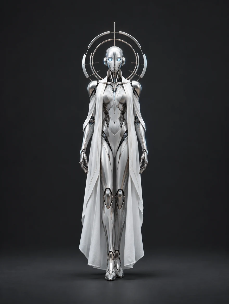 Zenith: Ice-silver oracle automaton with a segmented metallic halo, blue optics and a white textile mantle.